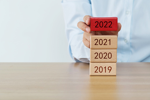 2022, 2021, 2020, 2019 written on wooden blocks.
