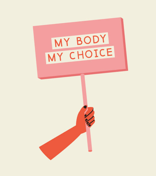Vector illustration of a hand holding a placard with inscription "my body my choice" on a beige background. Vector illustration of a hand holding a placard with inscription "my body my choice" on a beige background. The struggle for rights and equality. Hand-drawn illustration in flat design. womens rights illustrations stock illustrations