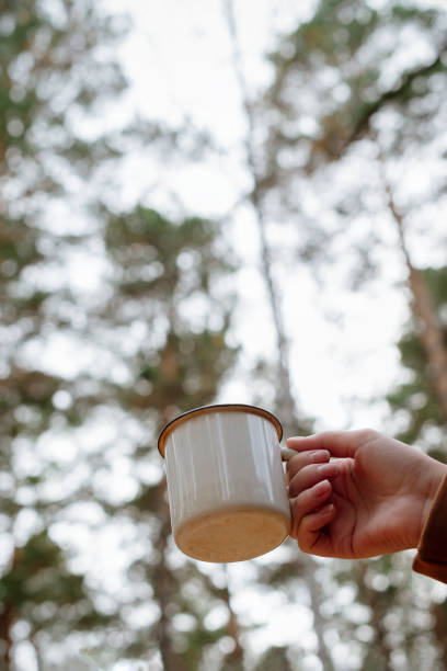 istock Female hand holding enamel cup with warm drink in the forest 1283174764