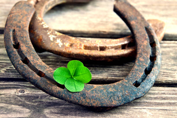 istock Horseshoe with lucky clover 4 leaves on wood 1283178761