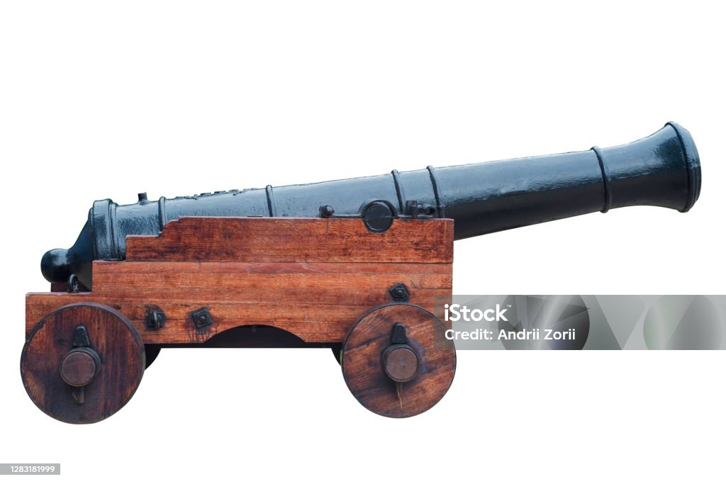 Ancient cannon on wheels isolated on white Cannon - Artillery Stock Photo