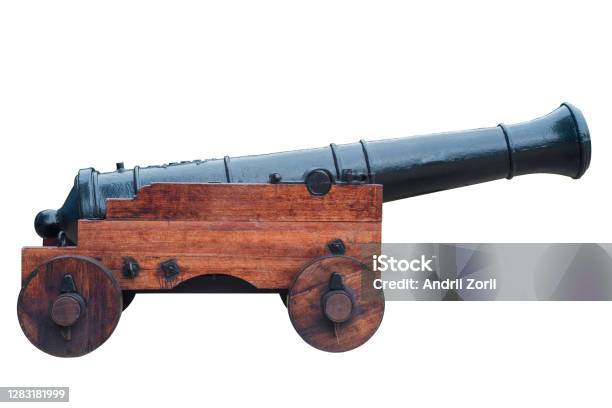 Ancient Cannon On Wheels Isolated On White Stock Photo - Download Image Now - Cannon - Artillery, Old, Cut Out