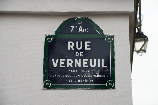 Closeup of Verneuil street on the famous parisian retro plate in the street