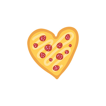 Colorful doodle heart shaped pizza with pepperoni isolated on white background.