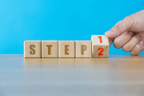 istock Wooden cubes with word step 1 and step 2 1283187291