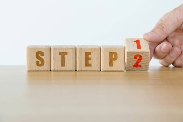 istock Wooden cubes with word step 1 and step 2 1283187587