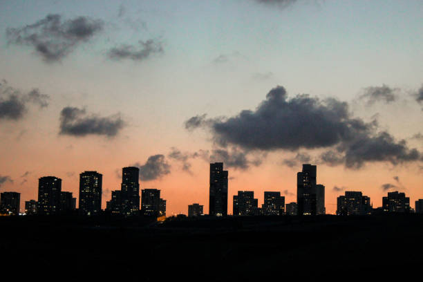 silhouette, cut out, cloudy, sunset, city view