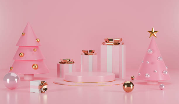 Christmas day podium. 3d rendering Christmas day podium on pink background with gift box and Christmas tree. pink christmas tree stock pictures, royalty-free photos & images