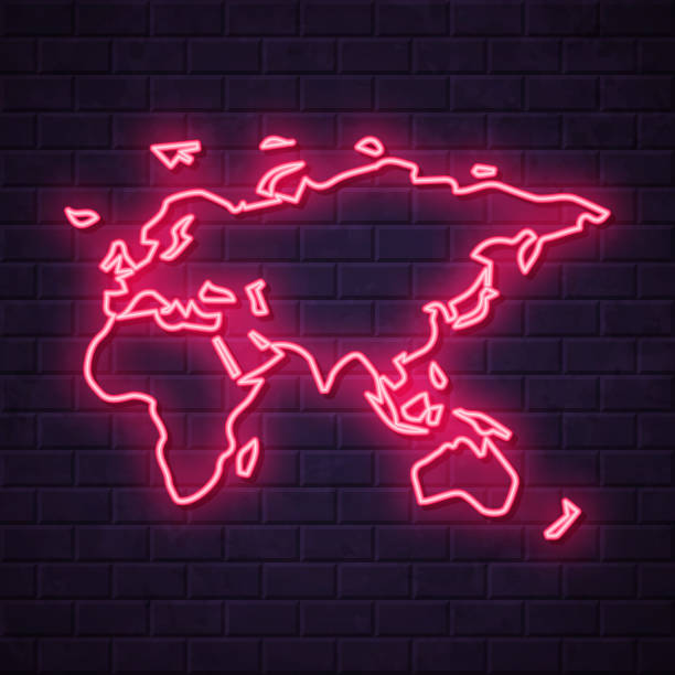 istock Europe, Asia, Africa, Oceania map - Glowing neon sign on brick wall background 1283194369