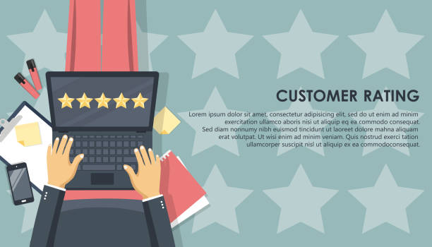 istock Concept of feedback, testimonials messages and notifications. Rating on customer service illustration. Man sitting on the floor and holding lap top in his lap while giving his five star rating. Vector 1283199303