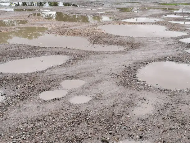 Photo of road holes. The road is in poor condition. Holes and potholes on the road. Puddles in holes on the road.