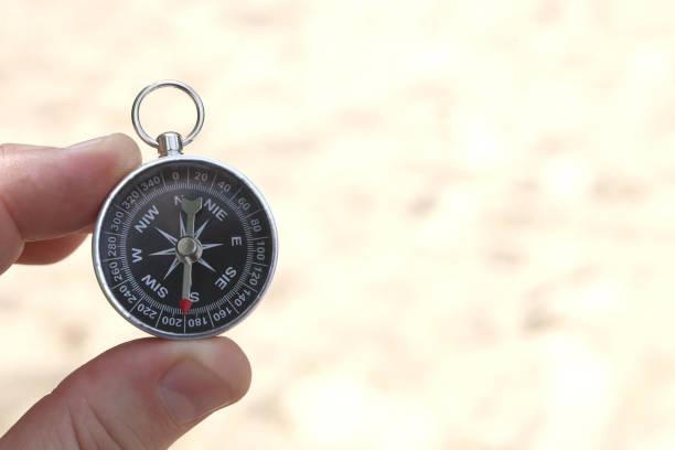 istock classic navigation compass in hand in summer against background of sandy beach 1283200817