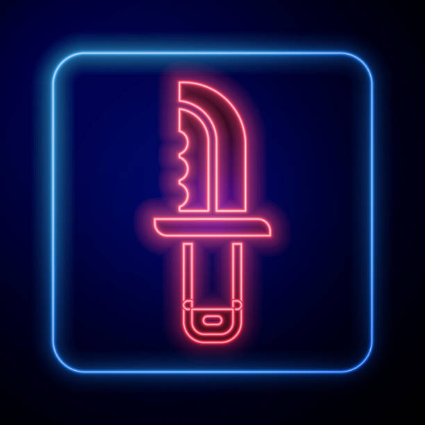 ilustrações, clipart, desenhos animados e ícones de ícone de faca militar neon brilhante isolado no fundo azul. vetor - knife isolated on red bayonet isolated