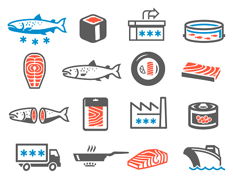 Salmon farming icon set, aquaculture and domestication of fish. Fish-farming industry symbols. Vector line art illustration on white background