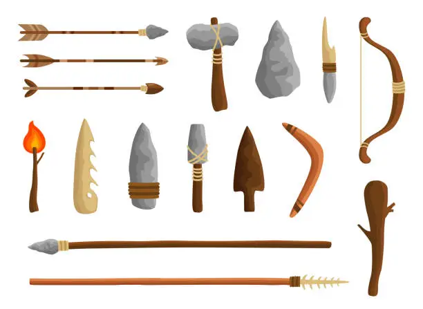 Vector illustration of Stone age tools set, caveman civilization culture