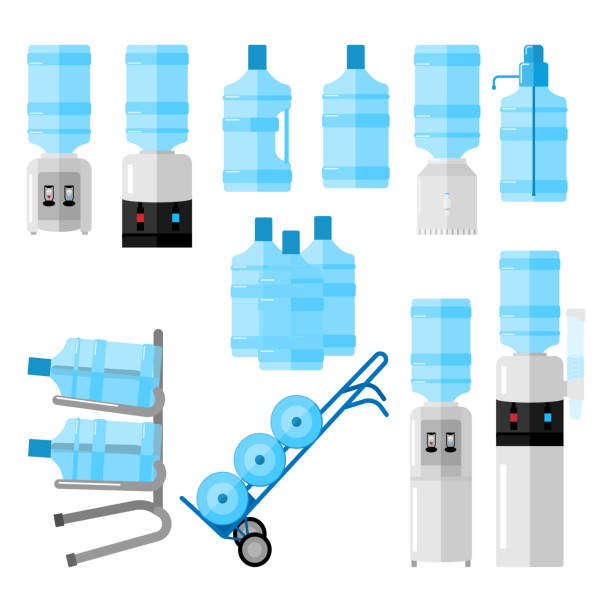 Set cooler for water on white backdrop. Cooler and bottle office, water delivery service, delivery cart with bottles in style flat. Set cooler for water on white backdrop. Cooler and bottle office, water delivery service, delivery cart with bottles in style flat vector illustration. water cooler stock illustrations