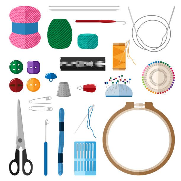 Set for handmade on white background. Kit for handicraft embroidery hoops, threads, yarn, needles, thimble, buttons, pins, scissors, slider. Set for handmade on white background. Kit for handicraft embroidery hoops, threads, yarn, needles,, thimble, buttons, pins, scissors, slider in style flat vector illustration. craft kit stock illustrations