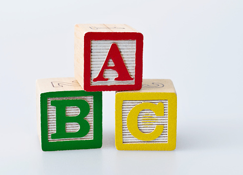 Wooden blocks with letters A B C.