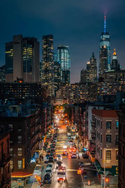 View of the Lower East Side and Financial District at night, from the Manhattan Bridge in New York City