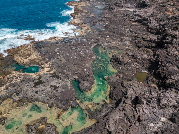 aerial view of los charcones. lanzarote. spain. bathers. swimming. canary islands - lanzarote canary islands volcano green imagens e fotografias de stock