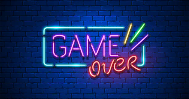 game over. neon text sign with a brick wall background. illustration. - retro revival video game joystick gamer imagens e fotografias de stock
