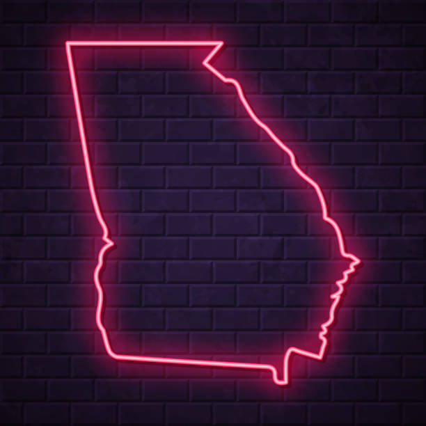 Georgia (USA) map - Glowing neon sign on brick wall background Map of Georgia (USA) in a realistic neon sign style. The map is created with a pink glowing neon light on a dark brick wall. Modern and trendy illustration with beautiful bright colors. Vector Illustration (EPS10, well layered and grouped). Easy to edit, manipulate, resize or colorize. georgia us state illustrations stock illustrations