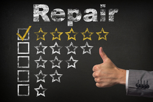Repair five 5 star rating. thumbs up service golden rating stars on chalkboard