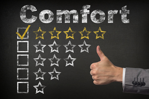 Comfort five 5 star rating. thumbs up service golden rating stars on chalkboard