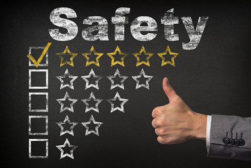 Safety five 5 star rating. thumbs up service golden rating stars on chalkboard