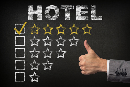 Best Hotel - 5 Star Rating. thumbs up hotel golden star rating chalkboard