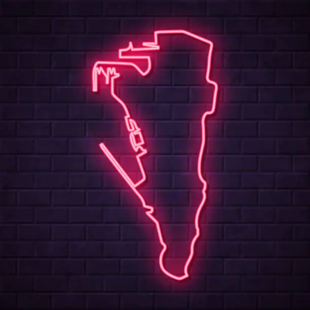 Vector illustration of Gibraltar map - Glowing neon sign on brick wall background