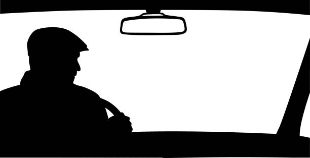 Senior Driver Car Interior Senior man at the wheel of his car mirror object drawings stock illustrations