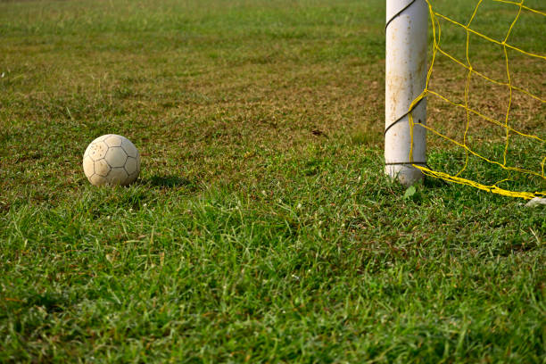 istock Soccer ball beside goal post 1283214166