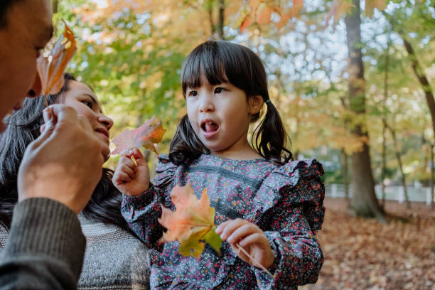 istock Korean father playing with his daughter with maple leafs 1283215570