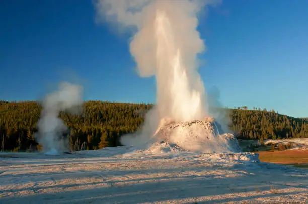 Photo of Castle Geyser eruption in the early evening at Yellowstone National Park, Wyoming