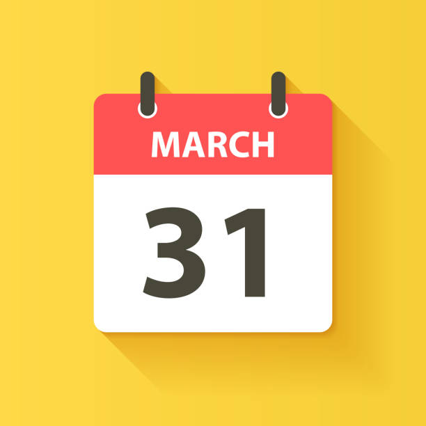 March 31 - Daily Calendar Icon in flat design style March 31. Calendar Icon with long shadow in a Flat Design style. Daily calendar isolated on yellow background. Vector Illustration (EPS10, well layered and grouped). Easy to edit, manipulate, resize or colorize. number 31 stock illustrations