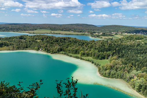 Top view of the 4 lakes of the Frasnois village, Jura, France