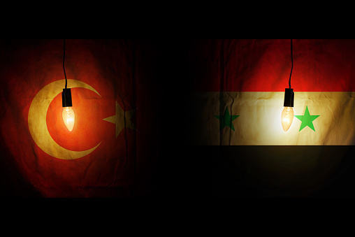 Turkey and Syria flags. Relations between the two countries