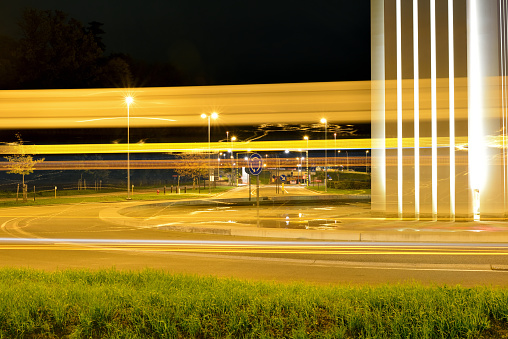 Long exposure light streaks in the city. Close up abstract