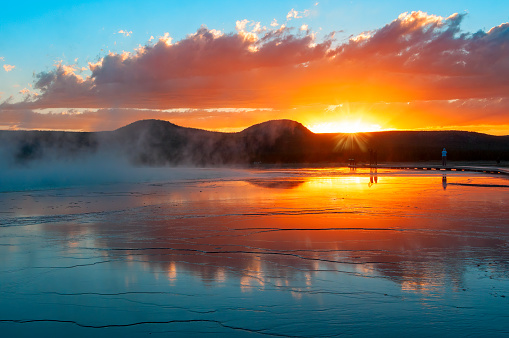 Sunset at Grand Prismatic Spring Yellowstone National Park, Wyoming, USA.