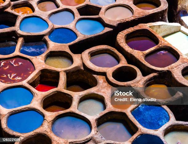 Fez Is Also Famous For Its Old Leather Tanneries Old Tanks Of The Fezs Tanneries With Color Paint For Leather Morocco Africa Artistic Picture Beauty World Stock Photo - Download Image Now