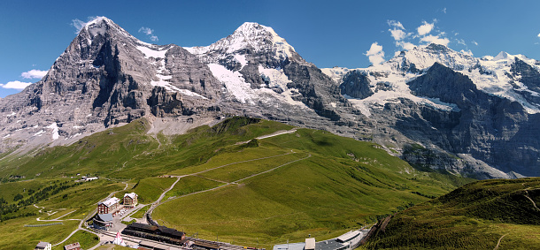 amazing Swiss nature . Kleine Scheidegg mountain pass that runs between the famous Eiger and the Lauberhorn famous for hiking in Bernese Alps. Switzerland travel