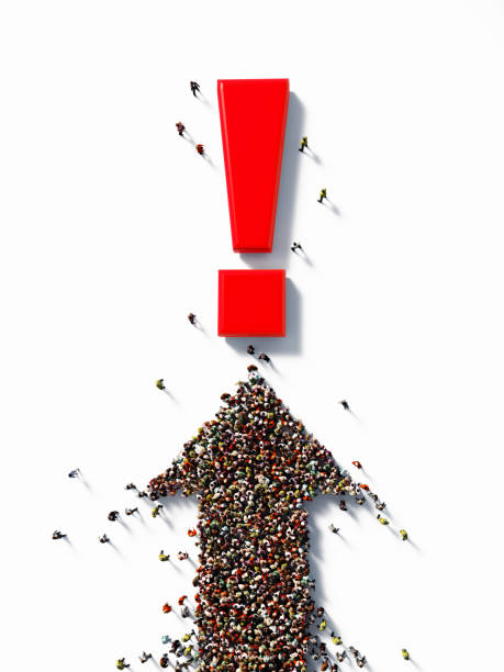 istock Human Crowd Forming An Arrow Symbol Which is Pointing An Exclamation Point on White Background 1283224598