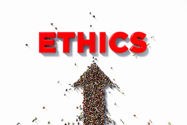Human crowd forming an arrow symbol which is pointing red Ethics word on white background. Horizontal composition with copy space. Clipping path is included. Ethics concept