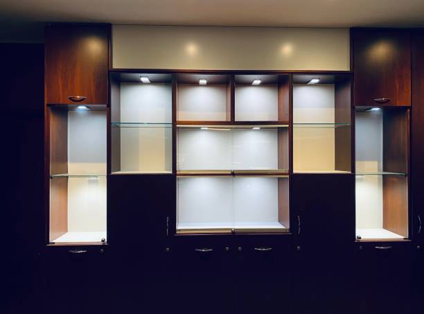 istock wooden cabinet with shelves and lighting 1283224830