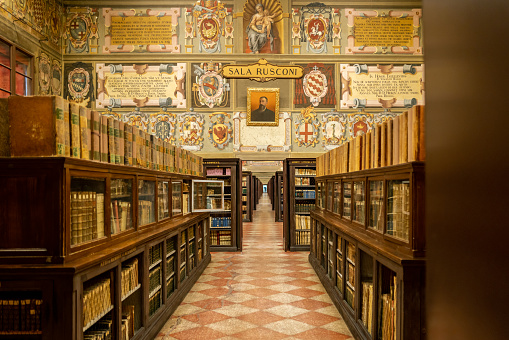 Bologna, Italy - October 02, 2020: The library at the teatro anatomico in Bologna
