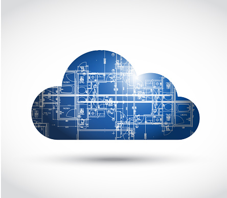Cloud computing and blueprint illustration design over a white background
