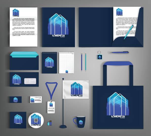Blue corporate identity template with abstract house element. Business set stationery. vector art illustration
