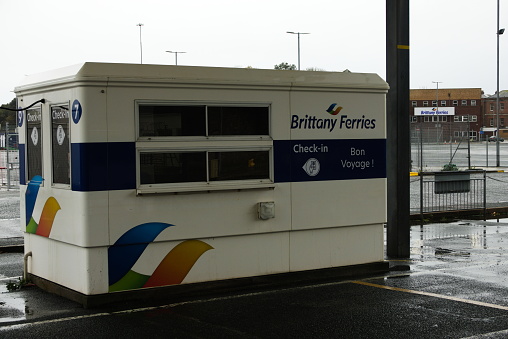 Plymouth England. Brittany ferries car check in cabins and car lanes in the port at Plymouth to Roscoff France and Santander Spain.