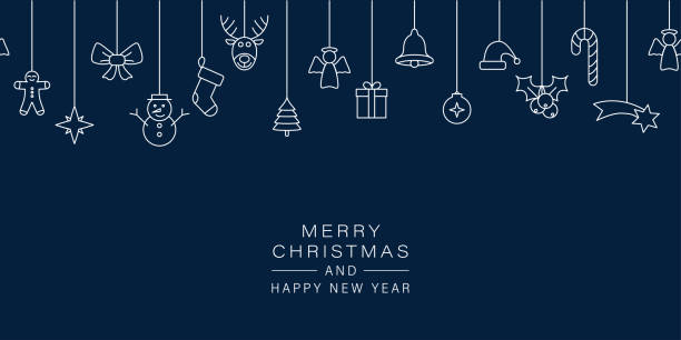 クリスマスベクトルバナーラインアイコン要素白い背景。お祝いのグリーティングカード。サンタ、トナカイ、ギフト、スノーフレーク、天使、靴下、雪だるまと黒い要素の装飾。 - クリスマス点のイラスト素材／クリップアート素材／マンガ素材／アイコン素材